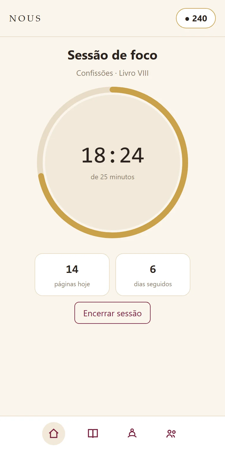Tela de sessão de foco do Ecco, com o cronômetro em andamento