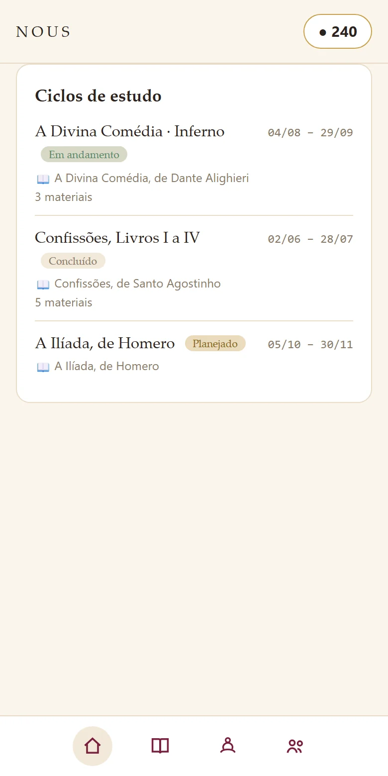 Tela de um grupo de estudo no Ecco, com o ciclo de leitura da semana