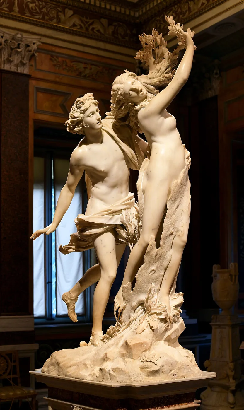 Apolo e Dafne, de Bernini: Apolo alcança Dafne no instante em que os dedos dela viram folhas de louro.