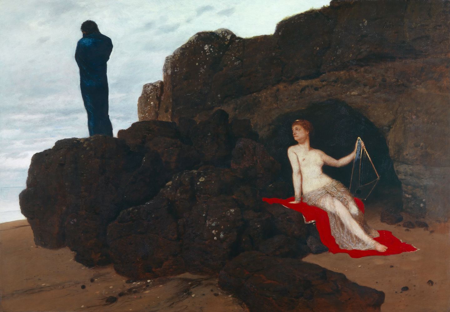 Pintura de Arnold Böcklin: Odisseu, de costas e envolto num manto escuro, de pé na beira do mar; atrás dele, sentada à entrada de uma gruta, Calipso.