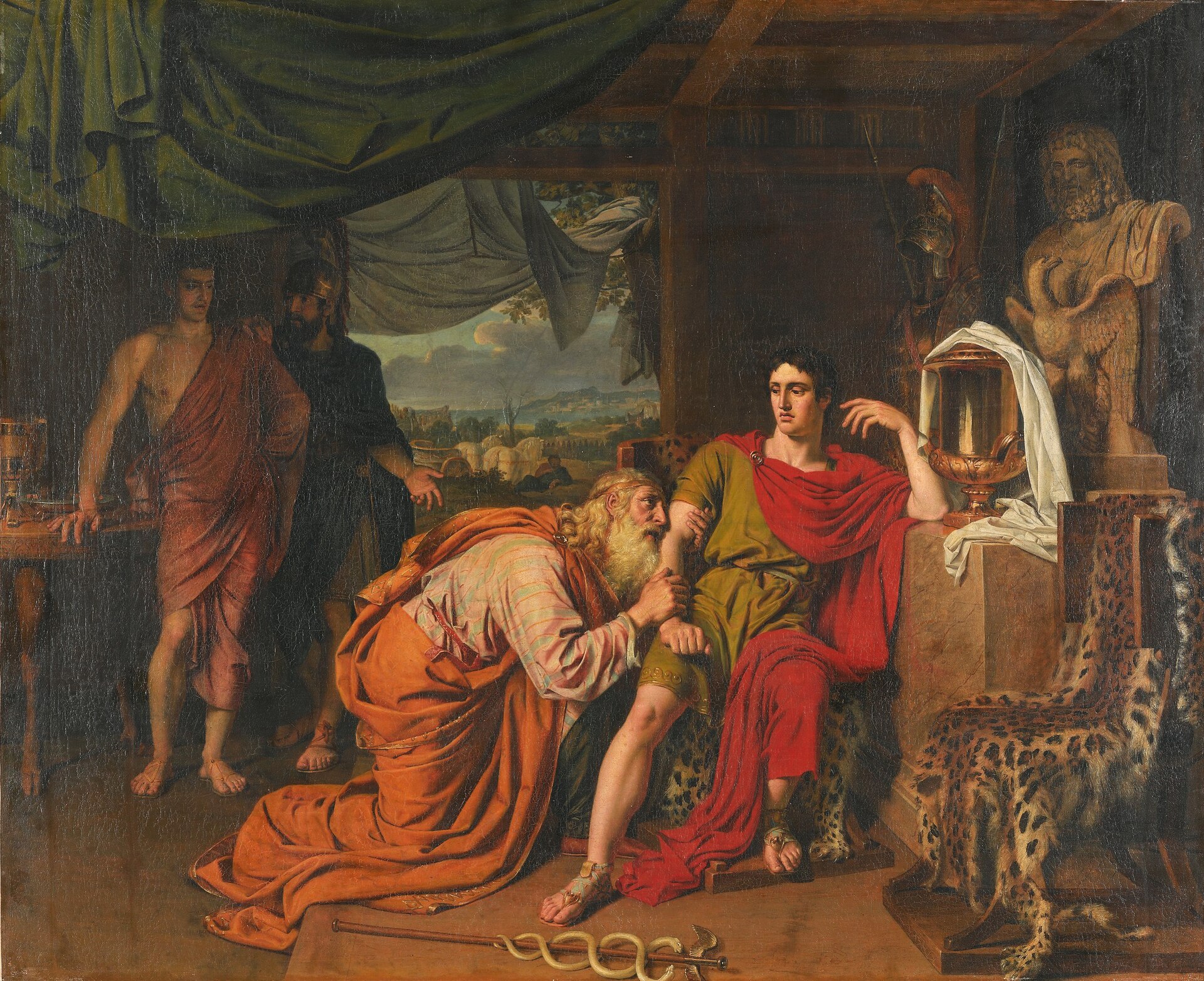 Pintura de Ivanov: o velho Príamo, ajoelhado e de manto alaranjado, beija a mão de Aquiles, que está sentado e desvia o olhar.