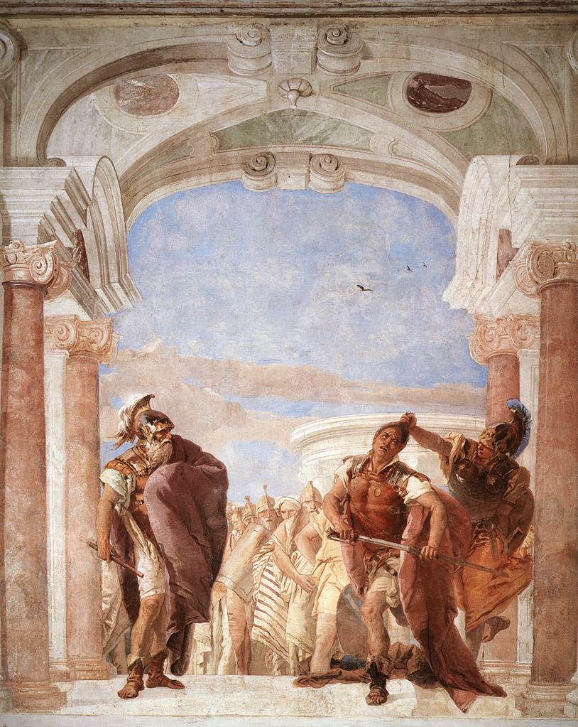 Afresco de Tiepolo: Atena segura Aquiles pelos cabelos no momento em que ele saca a espada contra Agamêmnon.
